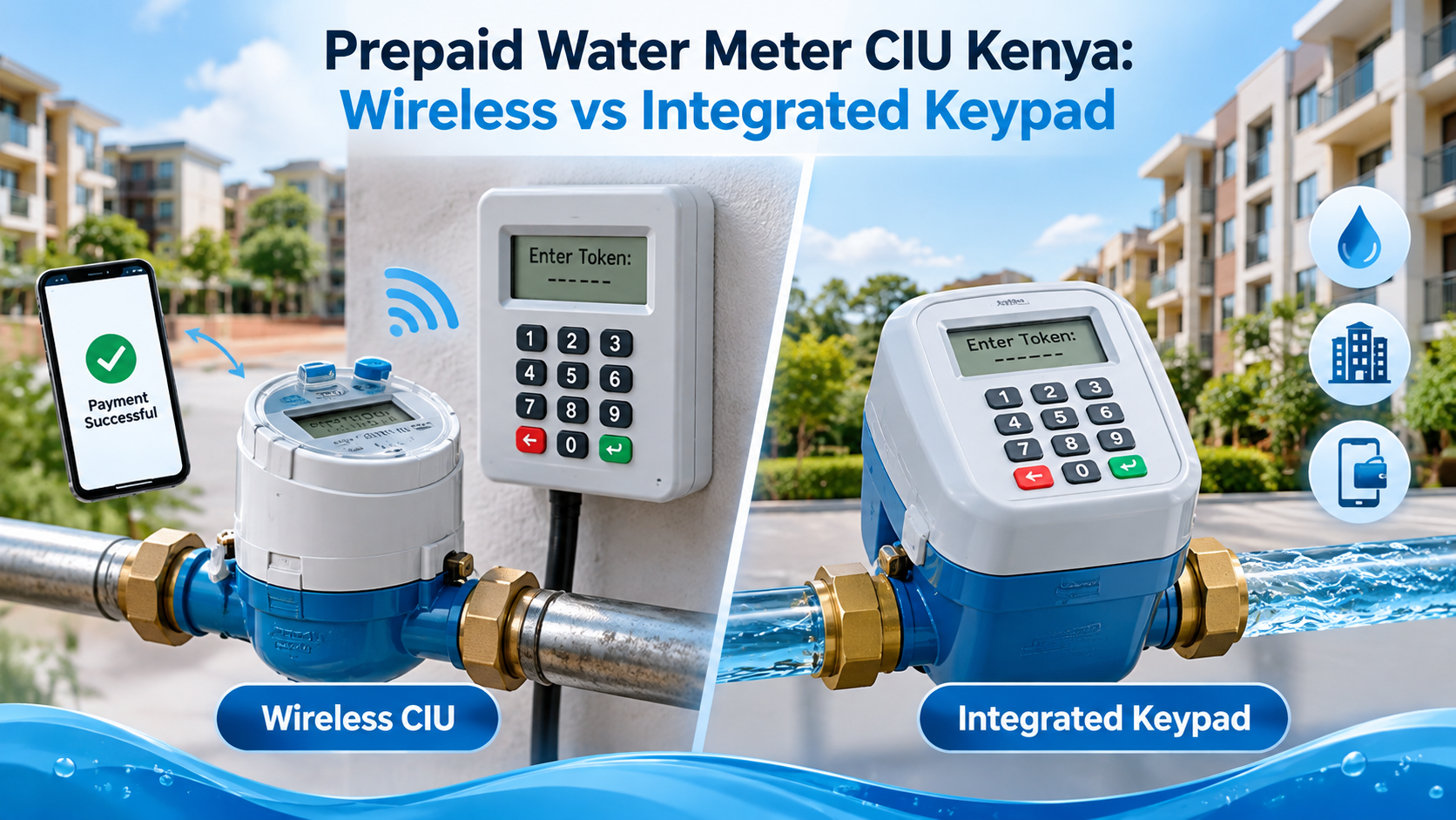 Wireless CIU prepaid water meter Kenya vs integrated keypad meter