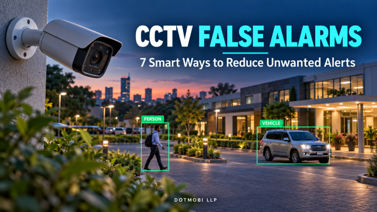 CCTV false alarms illustration showing person and vehicle detection at a business compound