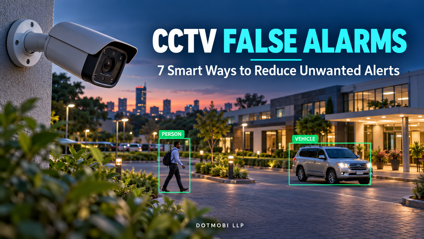 CCTV false alarms illustration showing person and vehicle detection at a business compound
