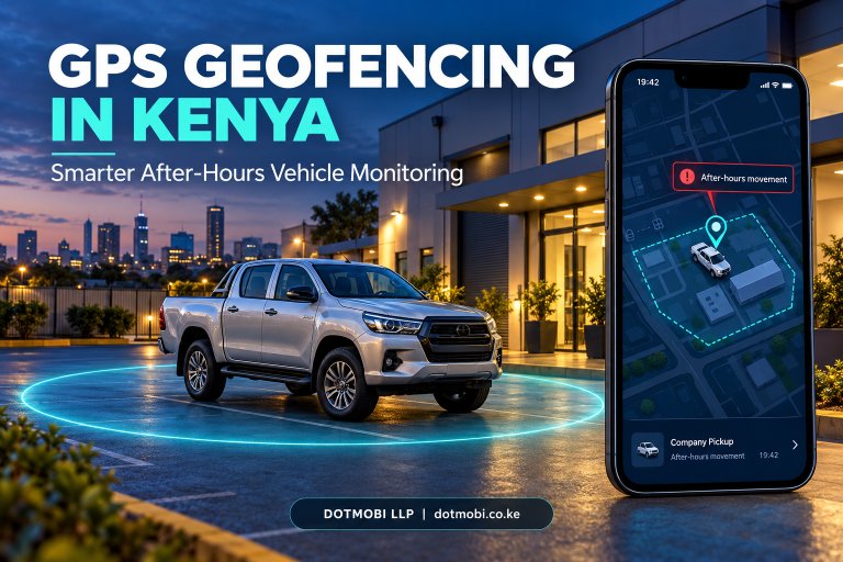 GPS geofencing in Kenya concept showing a company pickup, virtual parking boundary and vehicle movement alert