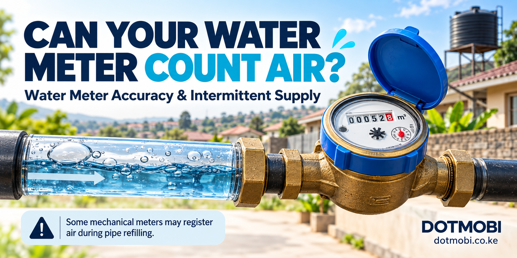 Water meter accuracy illustration showing air bubbles in a pipe connected to a mechanical water meter