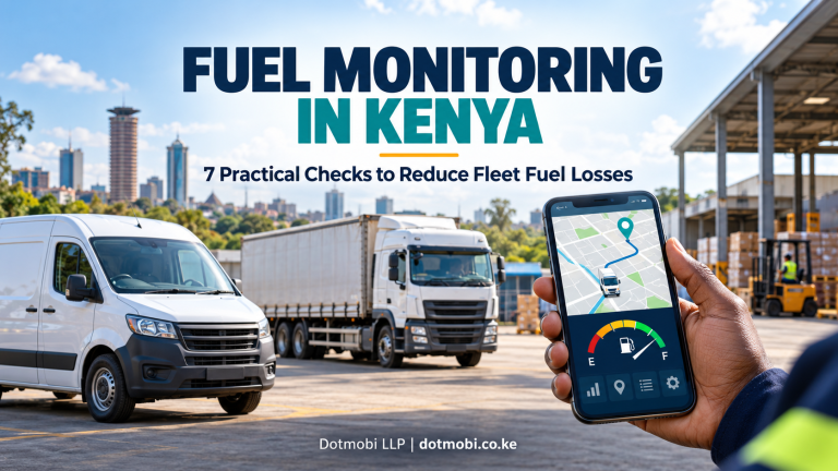 Fuel monitoring in Kenya illustrated with fleet vehicles and a smartphone showing GPS tracking and a fuel gauge.