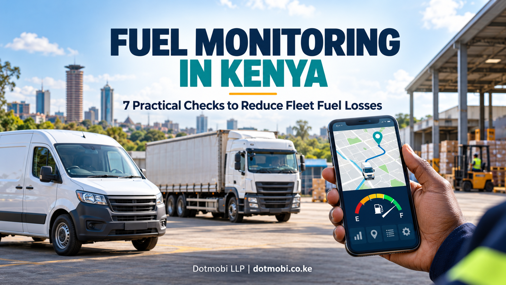 Fuel monitoring in Kenya illustrated with fleet vehicles and a smartphone showing GPS tracking and a fuel gauge.