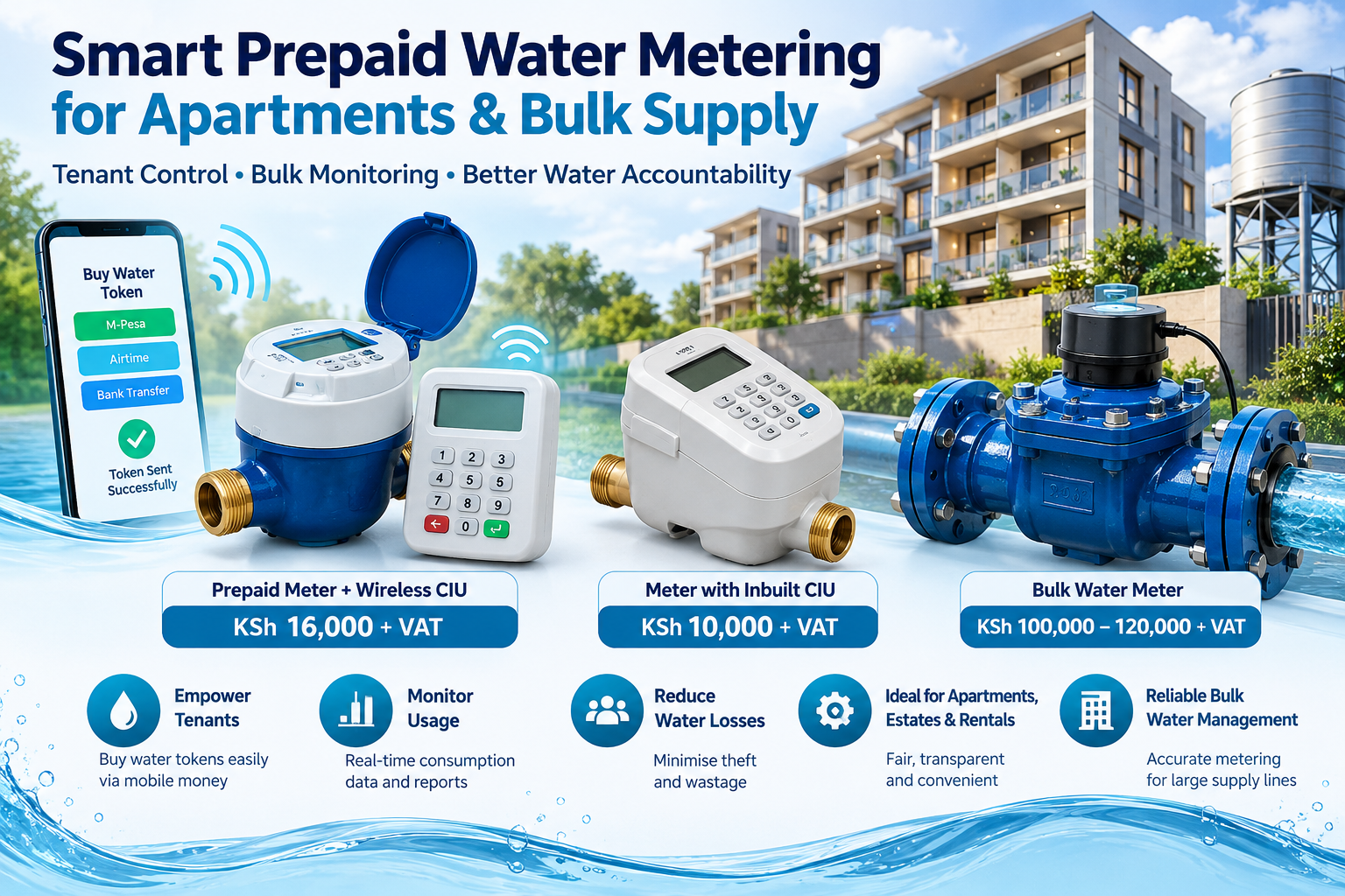 Prepaid water meters for apartments in Kenya with wireless CIU and bulk meter